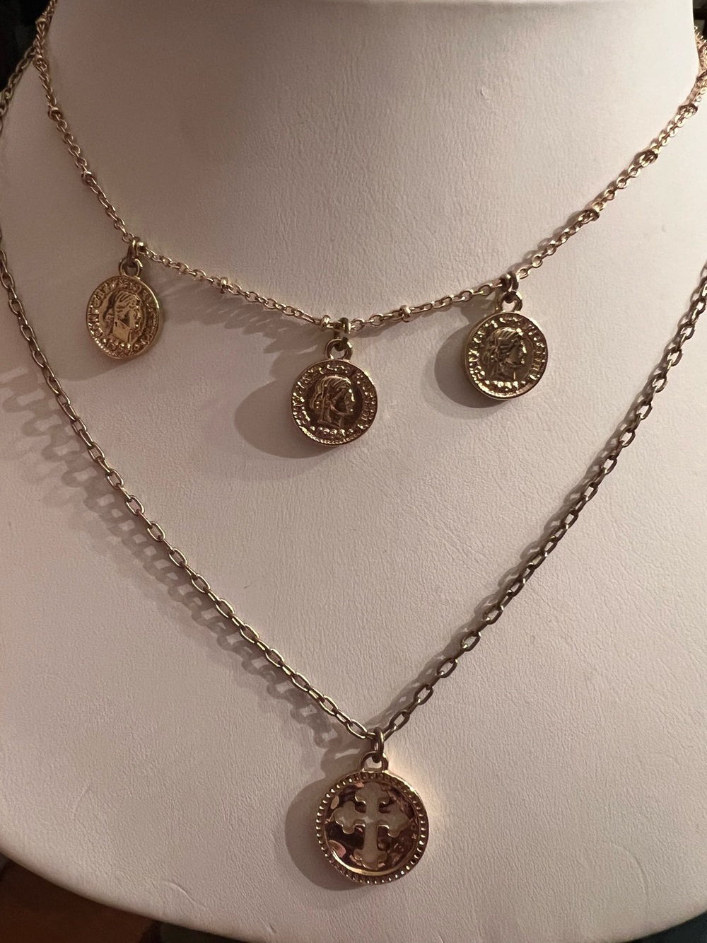 GV9 gold tone layered look double chain and charm necklace adjustable length